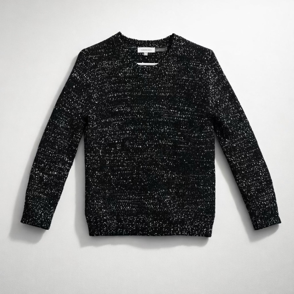 Calvin Klein Womens Black White Marled Chenille Knit Crewneck Sweater XSmall